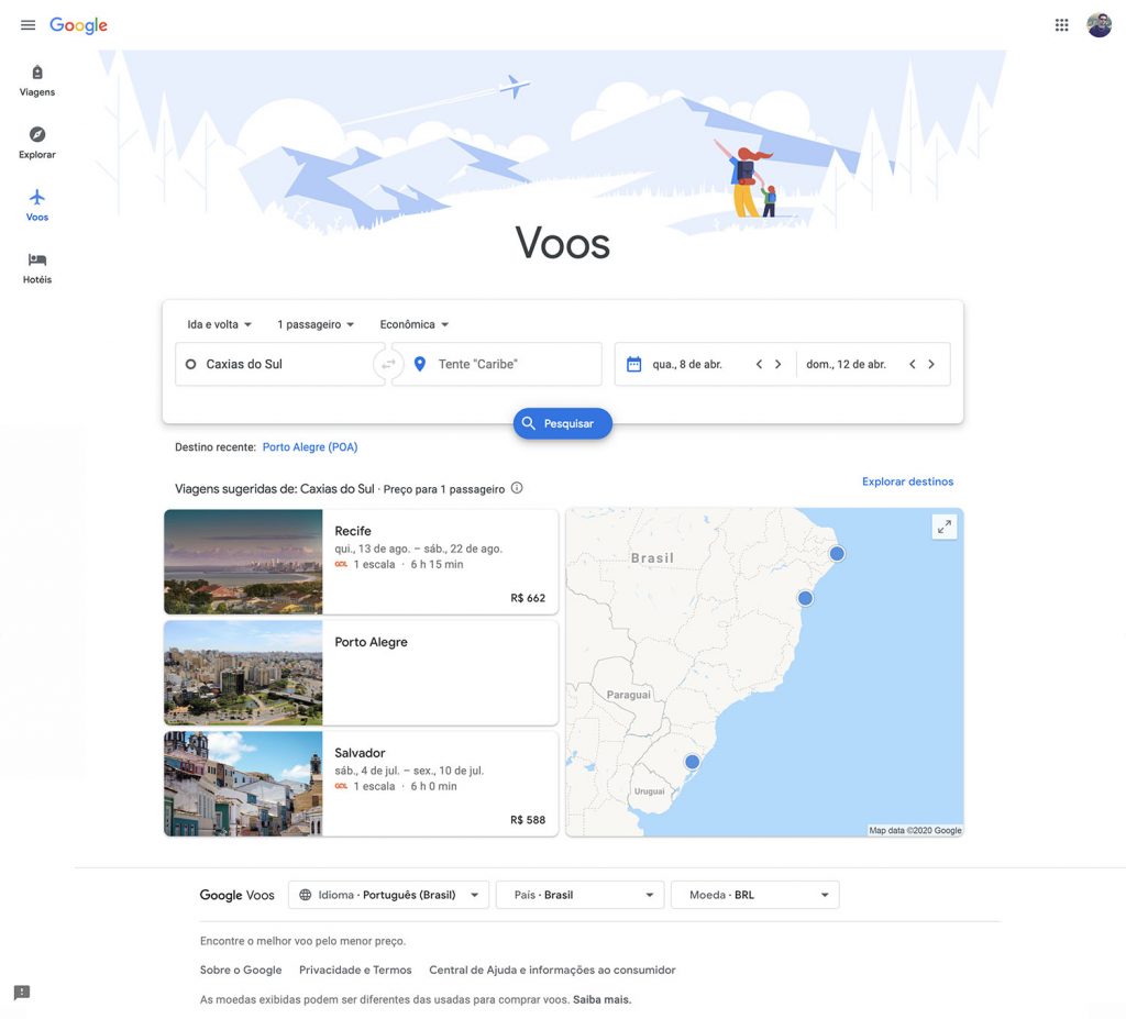 Tela inicial do Google Flights