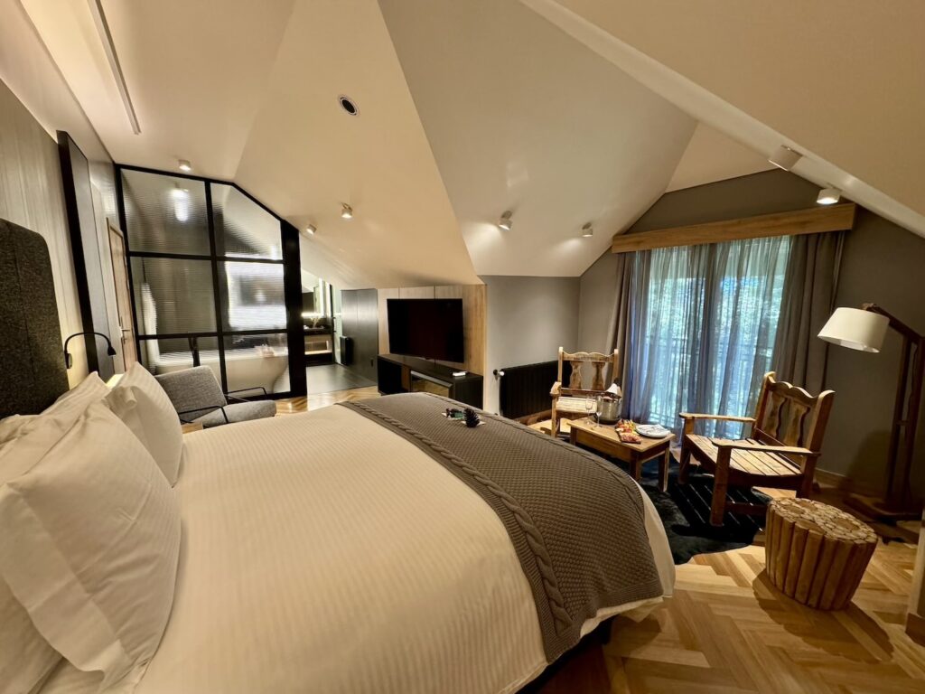 Quarto de hotel com cama para casal.